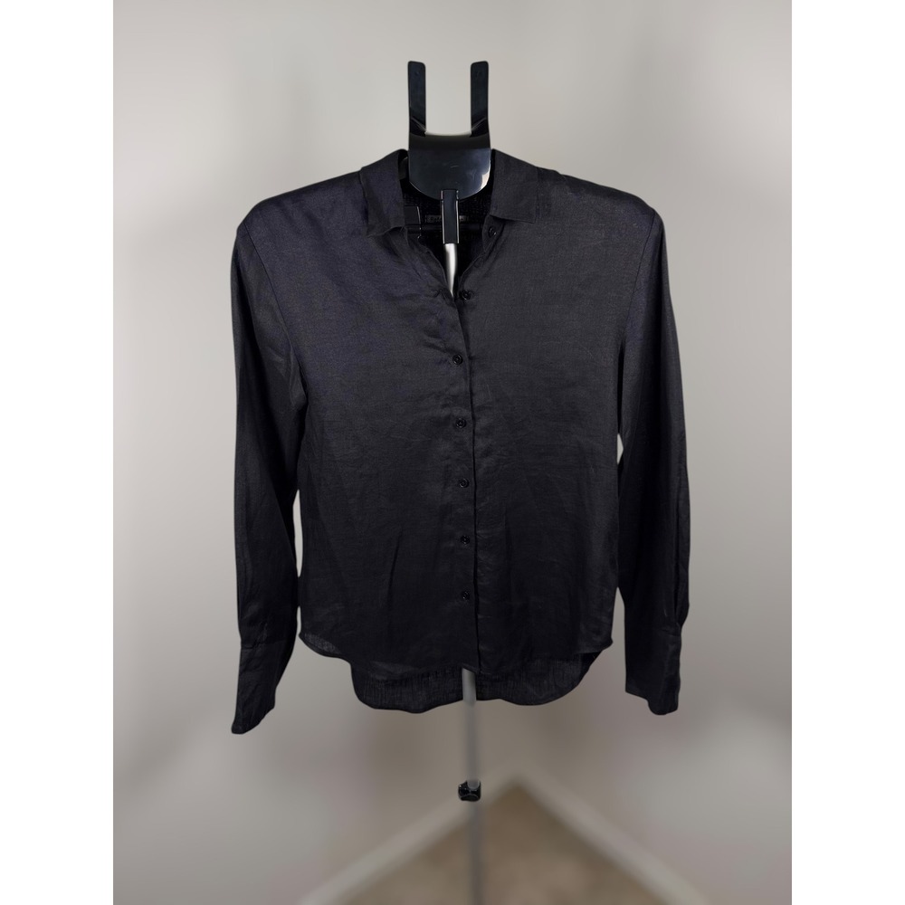 Reformation Will Linen Button Down Shirt Black XS Long Sleeve Pointed Collar